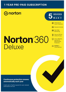 Norton 360 Deluxe with AI Protection for Up to 5 Users 1-Year Subscription