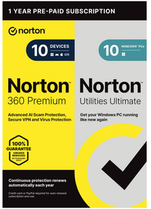 Norton 360 Premium with AI Protection & Dark Web Monitoring + Utilities Ultimate for Up to 10 Users 1-Year Subscription