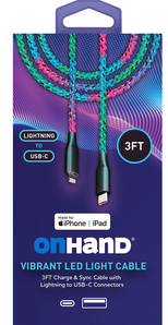 OnHand Vibrant LED 3-Foot Charge & Sync Cable for iPads / iPhones